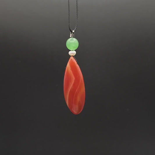 Red Orange Agate Teardrop Necklace, Green Aventurine & Pearl, Adjustable Black Cord, Luck and Calming Energy chunky stone jewelry #2326