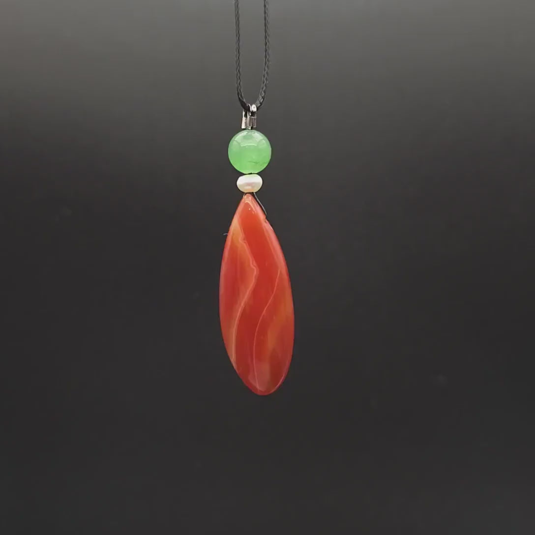 Red Orange Agate Teardrop Necklace, Green Aventurine & Pearl, Adjustable Black Cord, Luck and Calming Energy chunky stone jewelry #2326