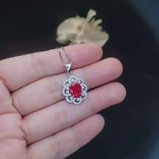 Ruby Necklace 925 Sterling Silver Gemstone Flower 18KGP Ruby Pendant #428