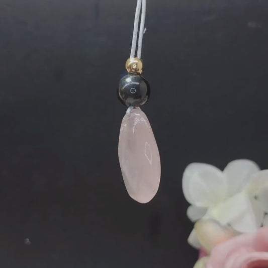 Rose Quartz Obsidian Necklace, Chunky Geometric Pink Crystal Jewelry, January Birthstone Love Gift, Adjustable Leather Cord
