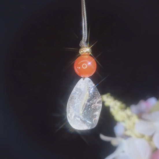 Clear Quartz Red Carnelian Necklace, 18K Gold Bead Zen Pendant, Chunky Geometric Energy Stone, Unisex Boho Crystal Jewelry Gift #2064