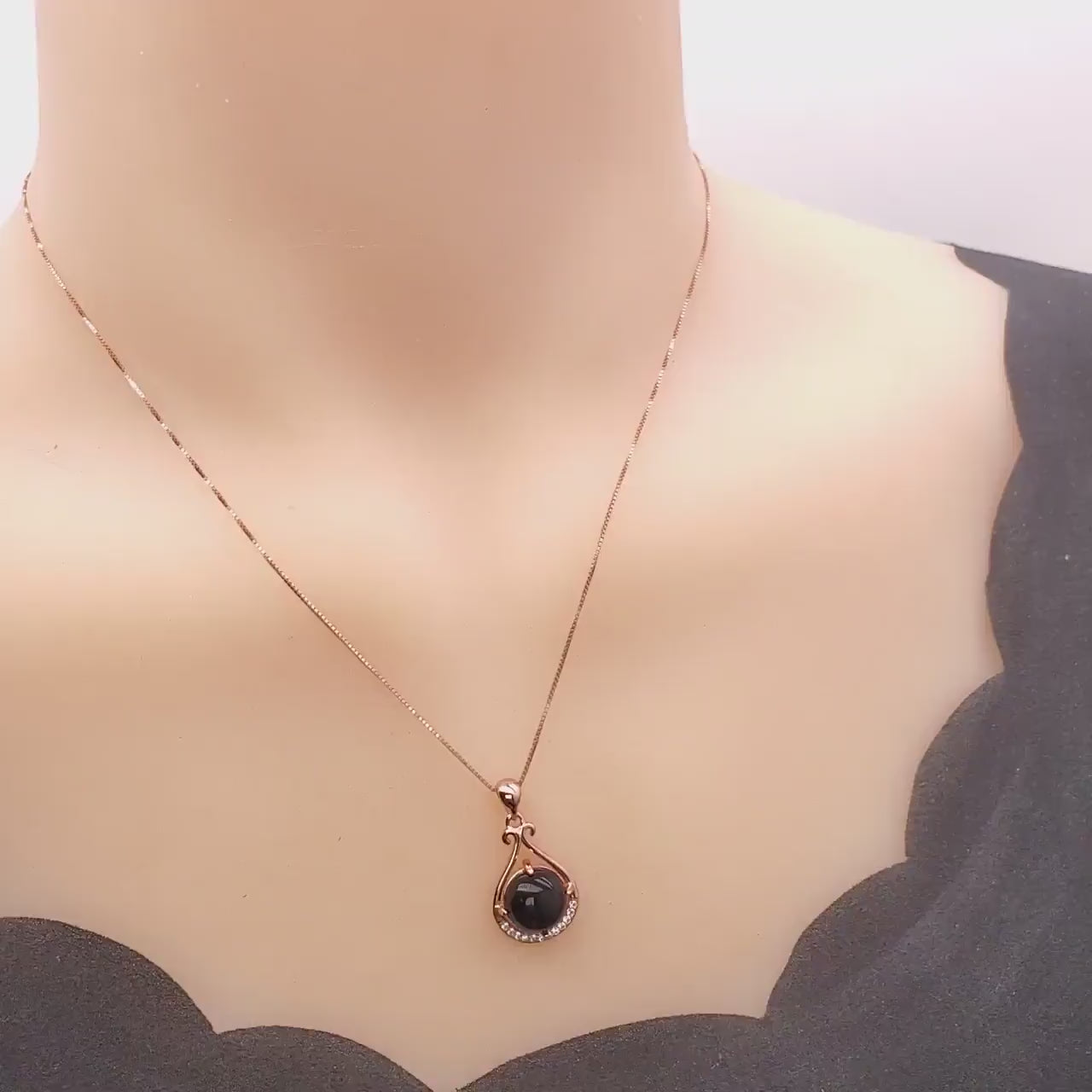 Black Onyx Necklace - Rose Gold coated 925 Sterling Silver Black Agate  - Pendant High Frequency Protective Energy Root Chakra Healing #147