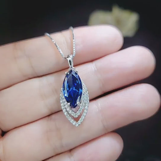 Blue Sapphire Necklace Marquise Cut White Gold Coated Full Sterling Silver Large 3 CT Blue Sapphire Pendant Gemstone Leaf Navette Style #676