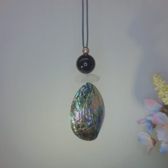 Chunky Abalone Shell Necklace, Geometric Obsidian & Quartz Pendant, 30" Adjustable Leather Cord, Natural Double-Sided Shell Gift #2541