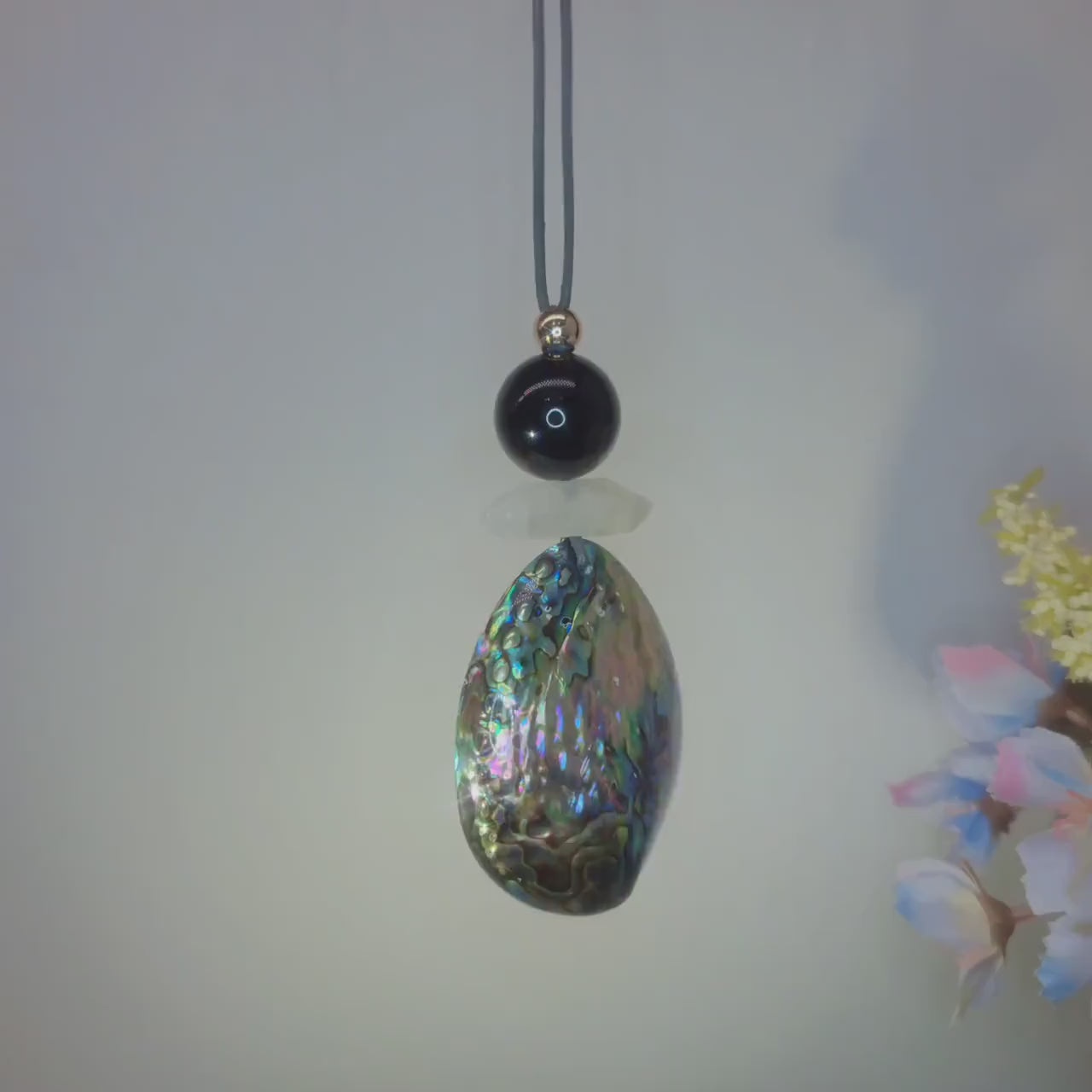 Chunky Abalone Shell Necklace, Geometric Obsidian & Quartz Pendant, 30" Adjustable Leather Cord, Natural Double-Sided Shell Gift #2541