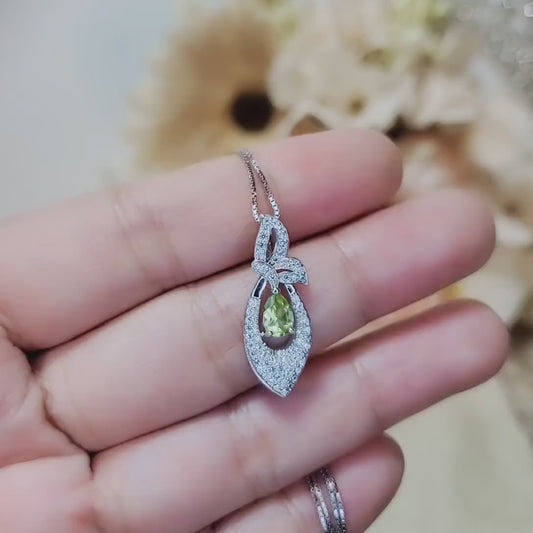 Genuine Green Peridot Necklace - 18KGP @Sterling Silver - Pear Cut Minimalist Peridot Pendant Diamond Butterfly Style August Birthstone #484