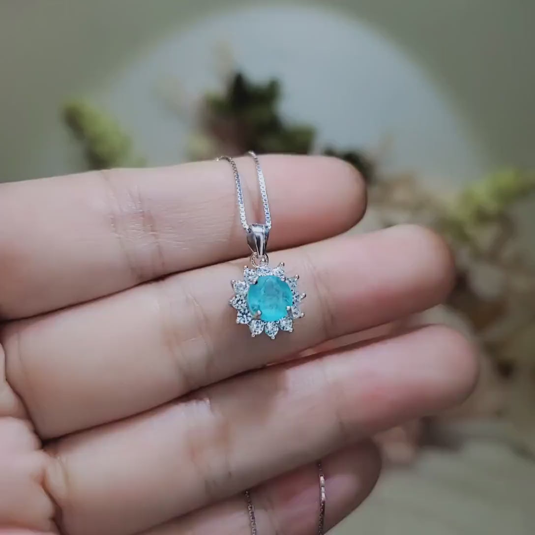 Tiny Paraiba Necklace - sterling silver sunflower Blue tourmaline - Pricess Diana Style Paraiba pendant 025