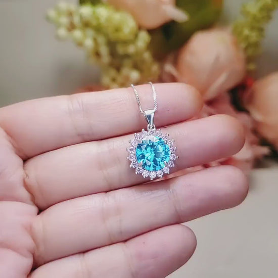 Large Round Aquamarine Necklace - Sterling Silver Sunflower Aquamarine Pendant - 4 CT Blue Aquamarine Halo Pink Tourmaline Jewelry #570