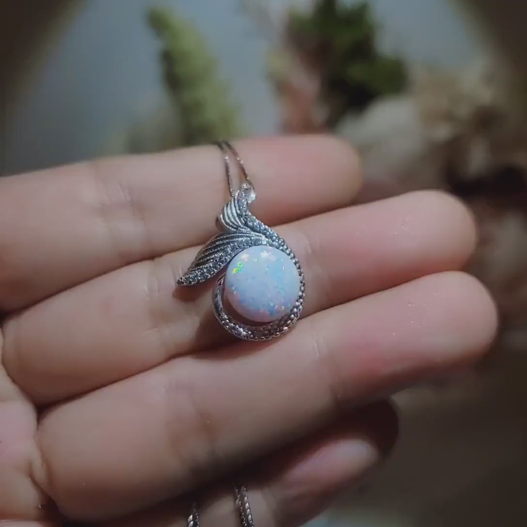 Gemstone Mermaid White Opal Necklace Sterling Silver White Gold Fish Tail Opal Pendant #935