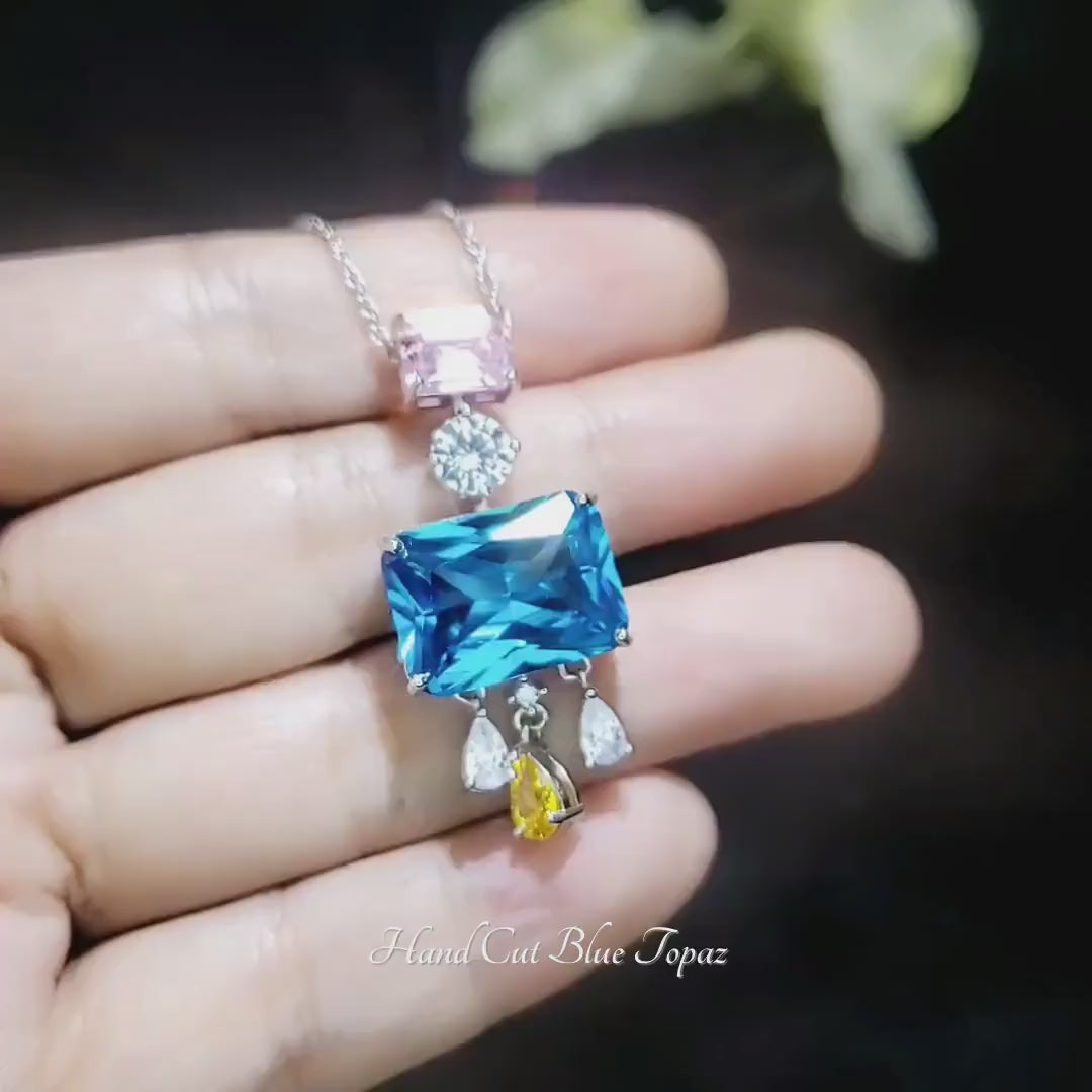Geometric Scissor Blue Topaz Necklace - Sterling Silver Tassel Dangle  Blue Topaz Pendant  - White Gold coated #909