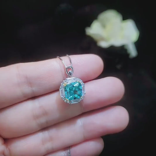 Cushion Cut Green Paraiba Necklace - Paraiba Pendant  Paraiba Jewelry Green Tourmaline Necklace - 18KGP @ Sterling Silver Square Green #973