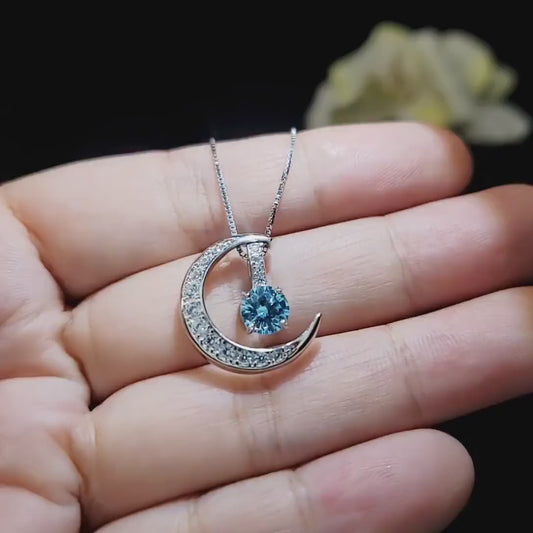Tiny Aquamarine Gemstone Moon Necklace Sterling Silver Crescent Blue Aquamarine Pendant  March Birthstone Double Pendant Jewelry #224
