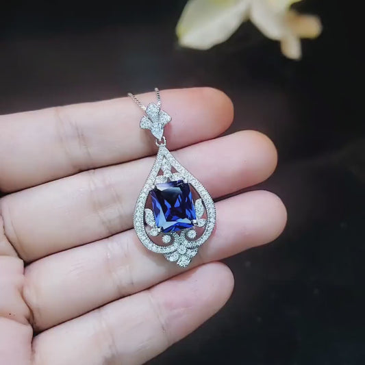 Blue Sapphire Necklace - Spirit  Royal Flower Jewelry - 5 Ct Radiant Cut Large   Blue Sapphire Pendant -  18KGP Sterling Silver #872