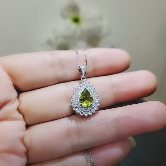 Genuine Green Peridot Necklace -925 Sterling Silver Green Peridot Olivine Necklace - Teardrop August Birthstone Sim Gemstone Pendant #949