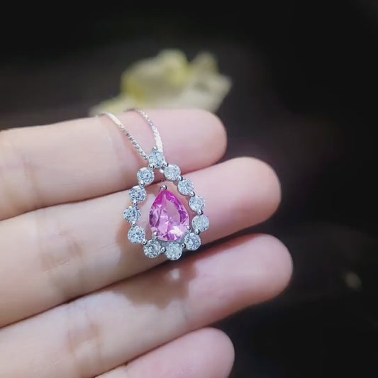 Pink Tourmaline Necklace - Dainty Pink Tourmaline Pendant - Gemstone Rounded Halo Teardrop Halo Pink Tourmaline Jewelry #970