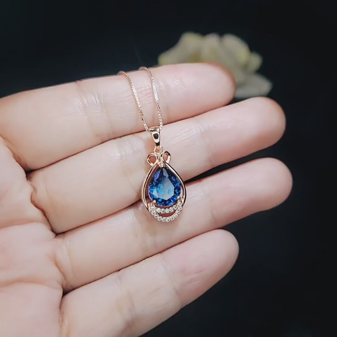 18K Rose Gold @ Sterling Silver -  Blue Sapphire Necklace - Teardrop 2.5 Ct Large Blue Sapphire Pendant - September Birthstone #453