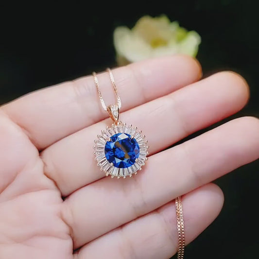 Large Blue Tanzanite Necklace - Rose Gold Sterling Silver Gemstone Halo Sun Style  4 CT Royal Blue Tanzanite Pendant #610