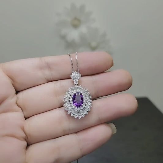 Natural Amethyst Necklace Double Halo Amethyst Pendant Genuine Purple Gemstone - February Birthstone 18KGP @ Sterling Silver #834
