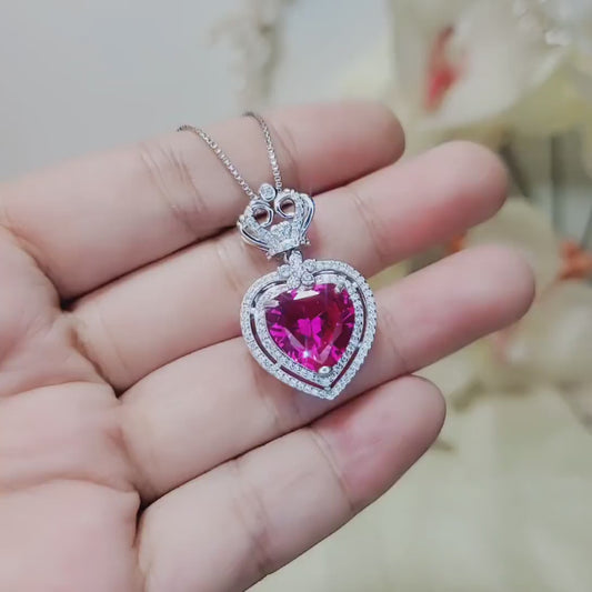 Pink Sapphire Heart Necklace 18KGP @ 925 Sterling Silver - Large 7 CT Fuchsia Heart -  Royal Crown - Double Halo Large Pink Sapphire #841