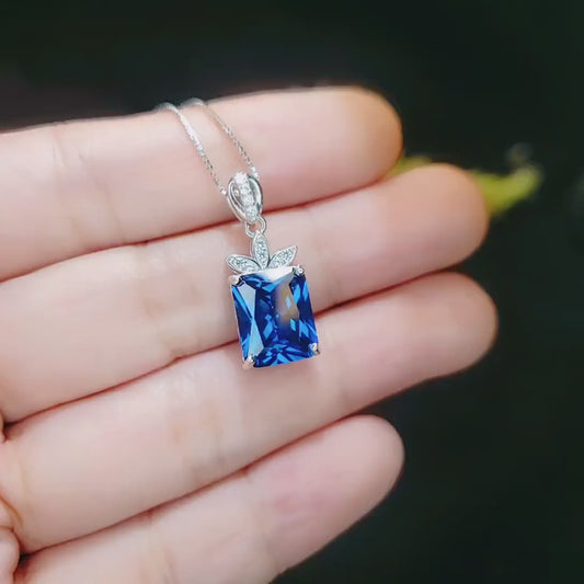 Scissor Cut Blue Sapphire Necklace Gemstone Flower White Gold Plated Large Rectangle 4.5 CT Blue Sapphire Pendant Blue Sapphire Jewelry #788