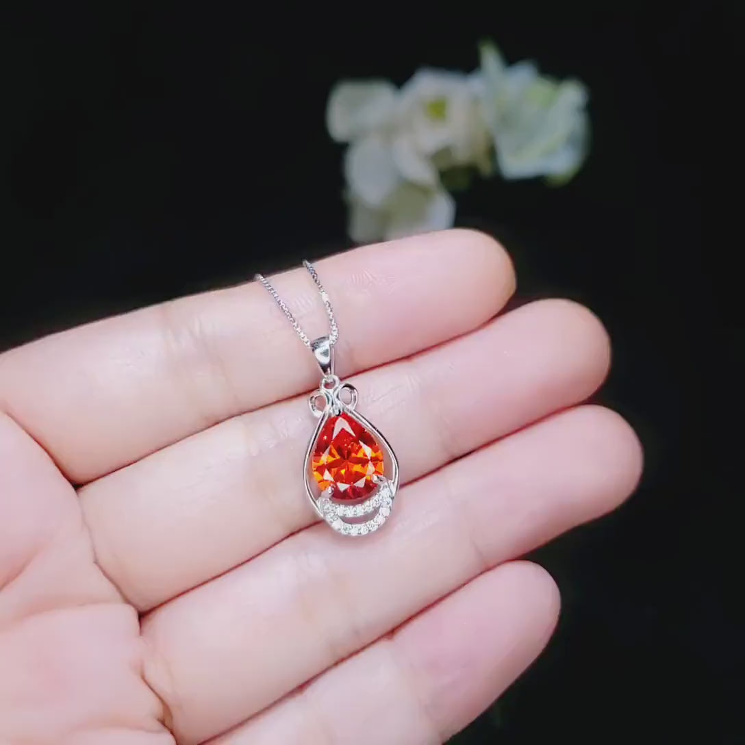 Teardrop Sunstone Necklace  - High Quality  Sterling Silver 2.5 CT Red Orange Spessartite Garnet Pendant #446