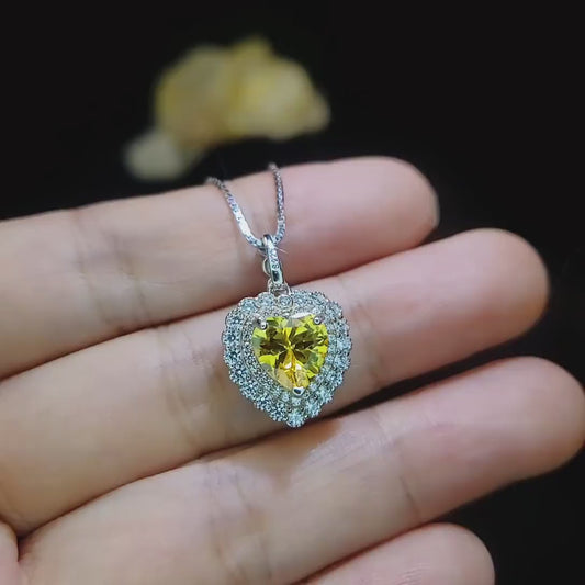 Created Yellow Moissanite Diamond Necklace - Double Halo Heart Necklace - Yellow Gemstone Pendant - 18kGP & 925 Sterling Silver 1094