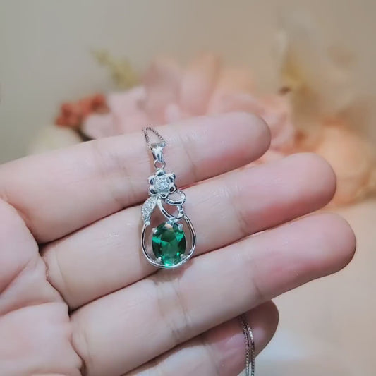 Large Emerald Necklace - Sterling Silver Flower Emerald Pendant - Lab Created Green Gemstone May Birthstone Jewelry #242