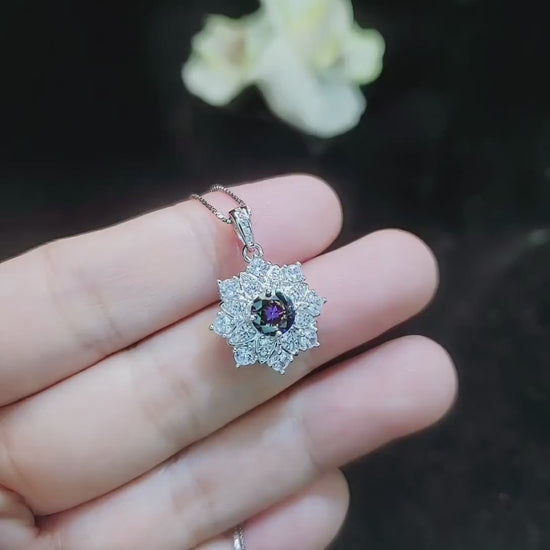 Mystic Topaz Necklace - Gemstone Snow Flower Pendant - Sterling Silver Round 6mm Mystic Topaz Pendant - 18KGP  Double halo style #497