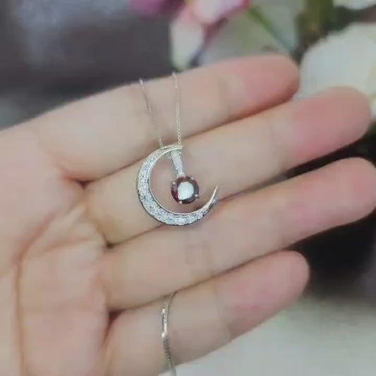 Crescent Moon red garnet Necklace full 925 Sterling Silver Two Pendant One Necklace January Birthstone  chain #1122