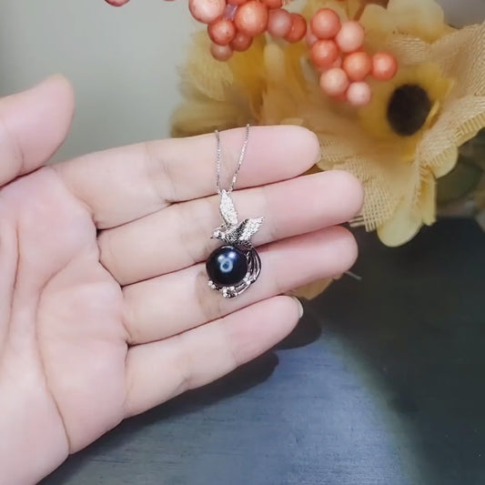 Black Pearl Necklace Sterling Silver Phoenix Pendant Black Pearl Jewelry 18k White gold coated  # 609