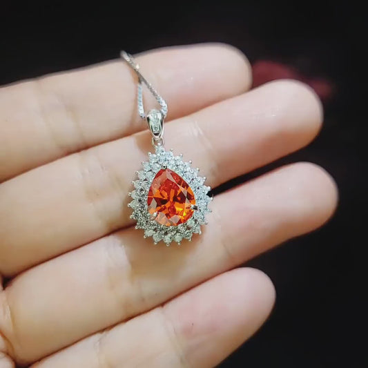 Double Halo Sunstone Necklace - Gemstone Halo Teardrop Orange Sapphire Pendant - 3 ct White Gold Coated Sterling Silver #678