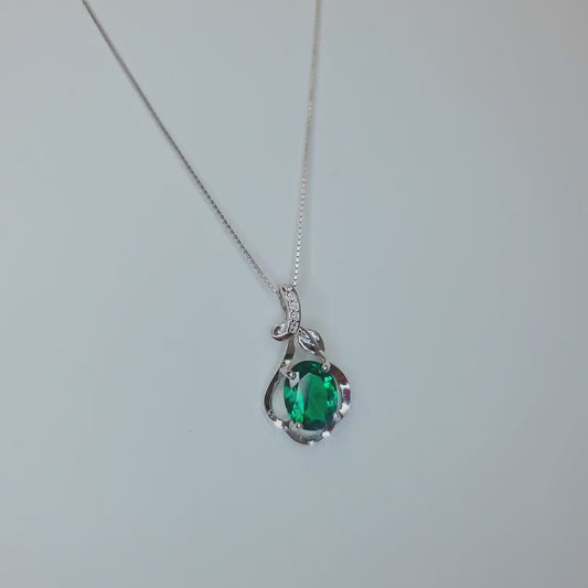 Green Emerald Necklace Sterling Silver Flower Of life Pendant, white gold 18kgp Oval Cut box chain  emerald jewelry 077