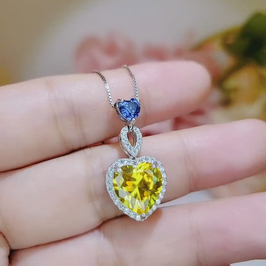 Yellow Diamond Necklace - 18KGP @ Sterling Silver  - Created Citrine Necklace - lab Moissanite Diamond Pendant - Double Heart Necklace #569