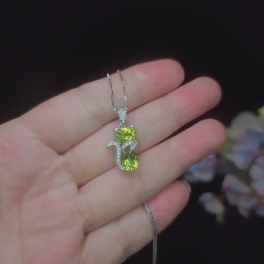 Genuine Peridot Necklace Sterling Silver Cat Kitty Necklace - Natural Green Peridot Pendant - 925 Silver Heart Chakra  Pedridot Jewelry #222