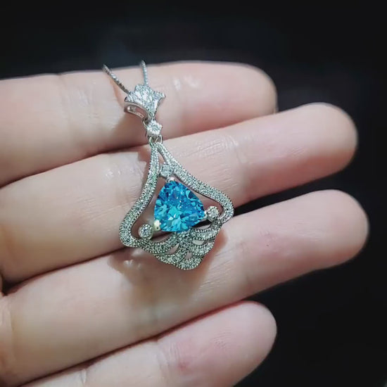 Mandolin flower Blue Aquamarine Necklace - 1.2 ct Trillion Cut Blue Aquamarine Pendant White Gold coated Sterling Silver Diamond Design #683
