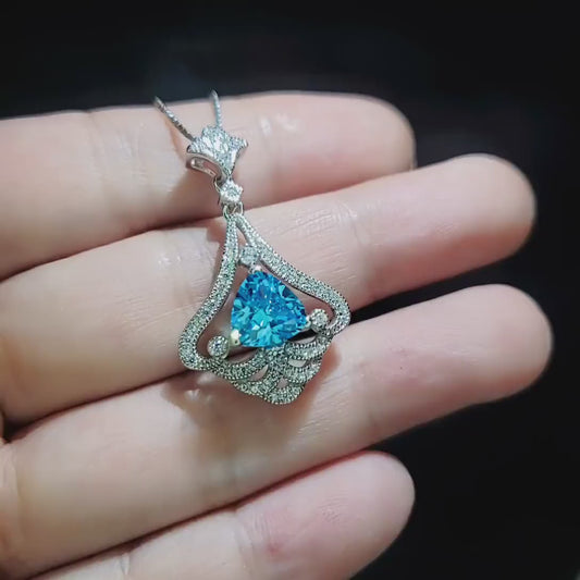 Mandolin flower Blue Aquamarine Necklace - 1.2 ct Trillion Cut Blue Aquamarine Pendant White Gold coated Sterling Silver Diamond Design #683