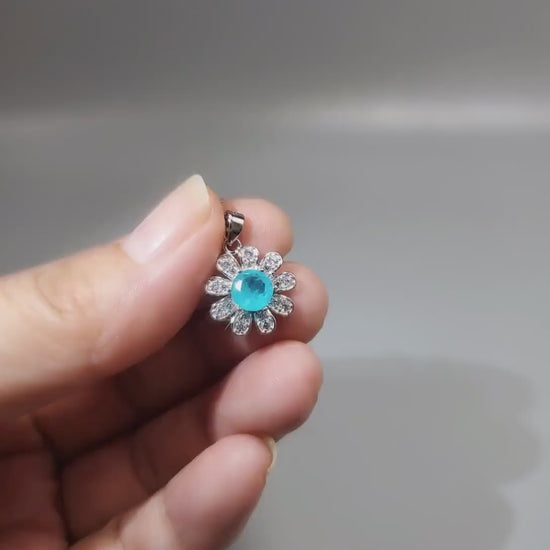 Blue Paraiba Necklace 925 Sterling Silver Sunflower pendant Blue Gemstone Jewelry Box Chain 18kgp 014