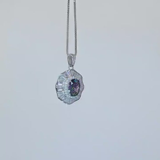 Lotus leaf Mystic Topaz Necklace Sterling Silver Flower Petal Pendant White Gold plated oval rainbow gemstone 16"~20  chain #422