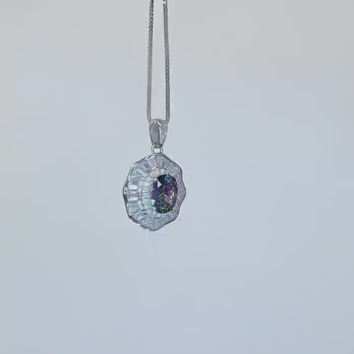 Lotus leaf Mystic Topaz Necklace Sterling Silver Flower Petal Pendant White Gold plated oval rainbow gemstone 16"~20  chain #422