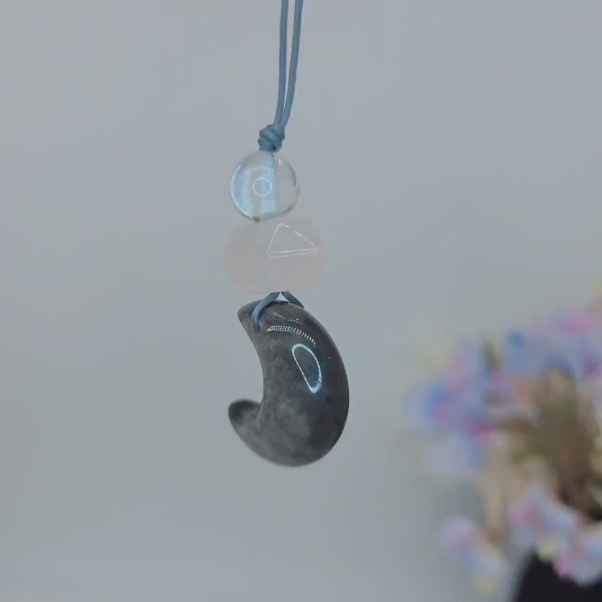 Obsidian Moon necklace Chunky Geometric Rose Quartz Pendant. Adjustable leather cord up to 24  inches, Crescent Jewelry Protective Obsidian.