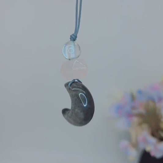 Obsidian Moon necklace Chunky Geometric Rose Quartz Pendant. Adjustable leather cord up to 24  inches, Crescent Jewelry Protective Obsidian.