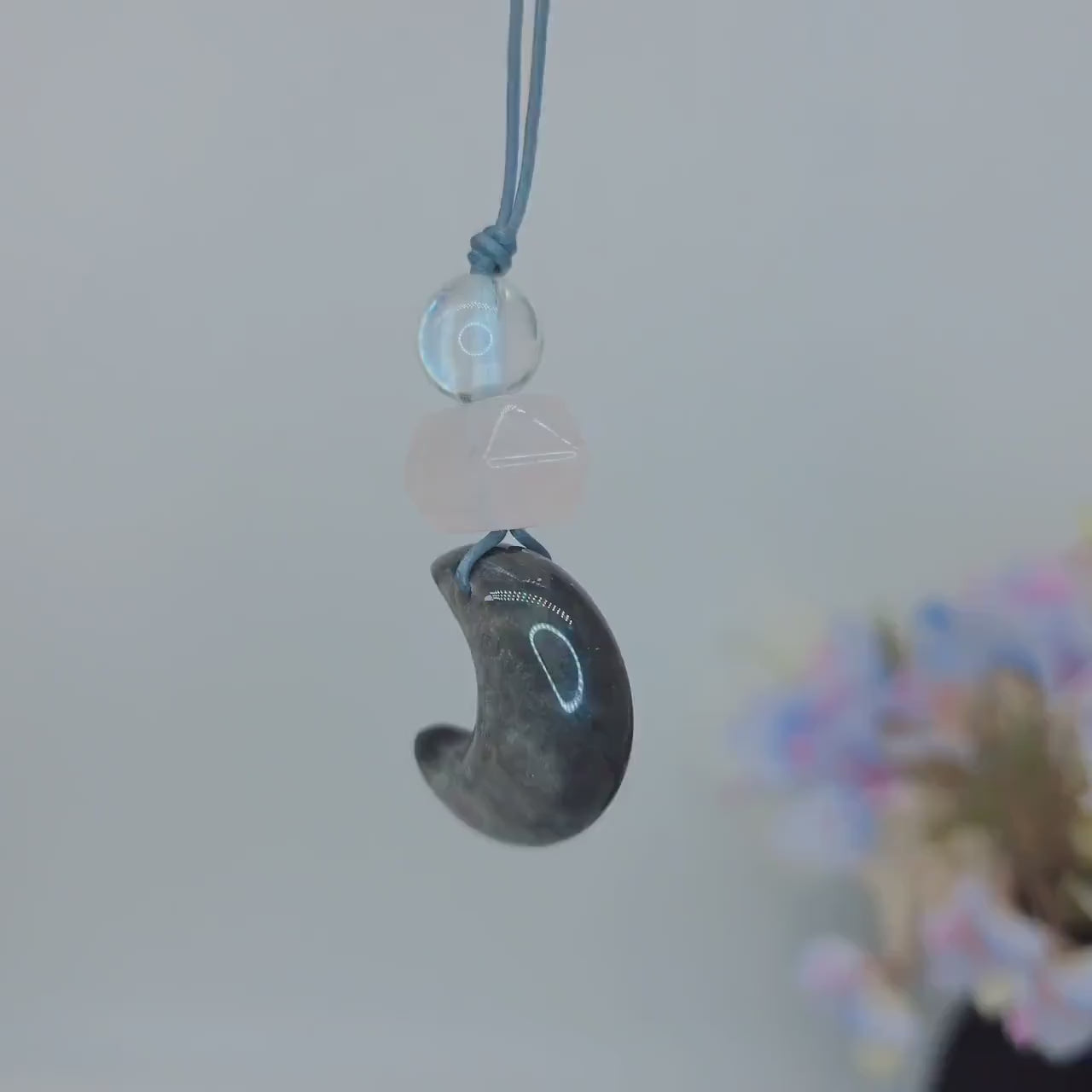 Obsidian Moon necklace Chunky Geometric Rose Quartz Pendant. Adjustable leather cord up to 24  inches, Crescent Jewelry Protective Obsidian.