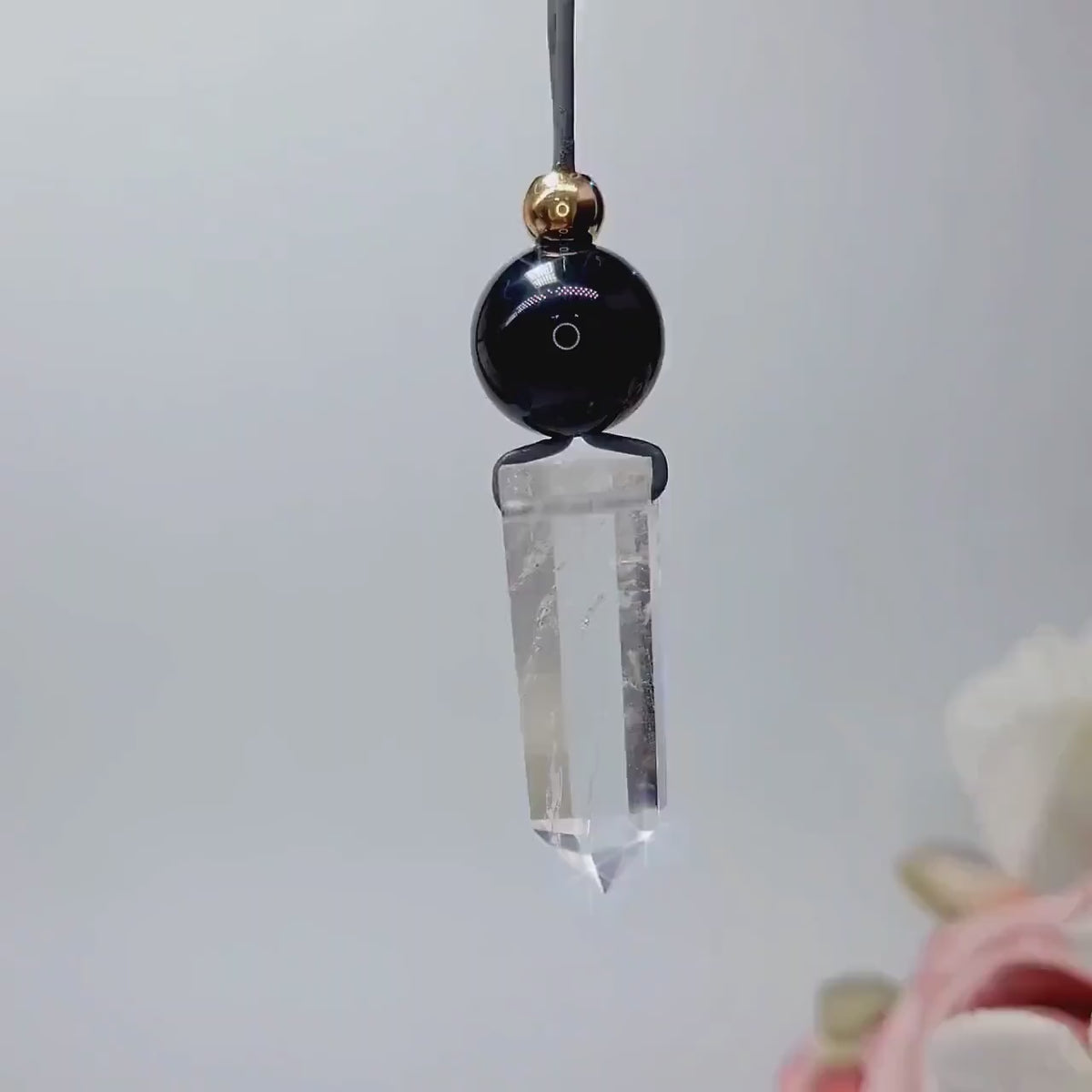 Clear Quartz Point Necklace, Chunky Geometric Black Onyx Jewelry, April Birthstone Gift for Him Her, Adjustable Leather Cord