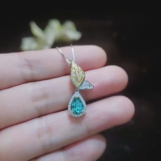 Green Paraiba Necklace - Gemstone Butterfly Flower Pendant - 18KGP @ Sterling Silver - 1 ct Green Paraiba Tourmaline Pendant Jewelry #518