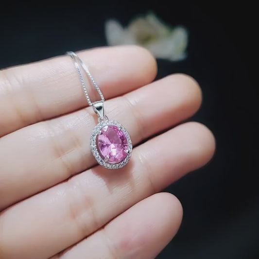 Pink Tourmaline Necklace Sterling Silver , White gold plated Halo Gemstone Stone Solitaire Pink Tourmaline Jewelry #195