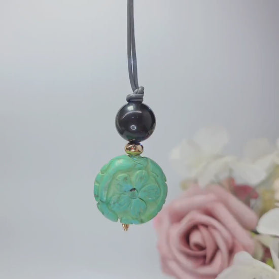 Turquoise Flower Necklace, Chunky Obsidian Protection Jewelry, Hand Carved Totem Crystal Pendant, Adjustable Leather Cord