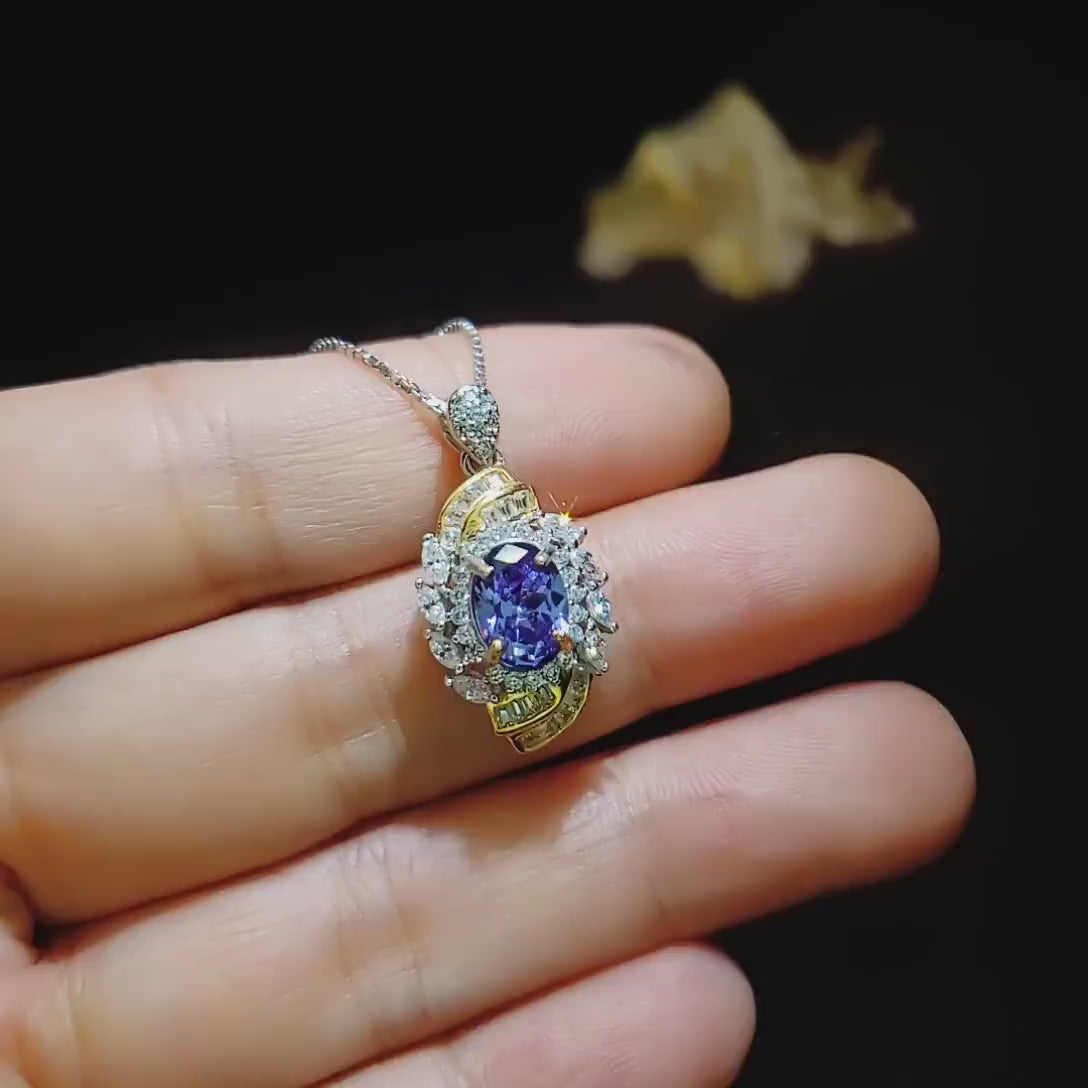 Tanzanite Necklace - Life Spiral Pendant - 1.5 CT Lab Created Blue Tanzanite Jewelry - Spiritual Diamond Flower 18KGP @ Sterling Silver #644