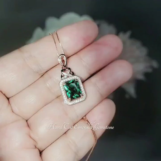 Dainty Emerald Necklace - Gemstone Accent Green Emerald Pendant - Rose Gold Coated 925 Sterling Silver Green Gemstone May Birthstone #344