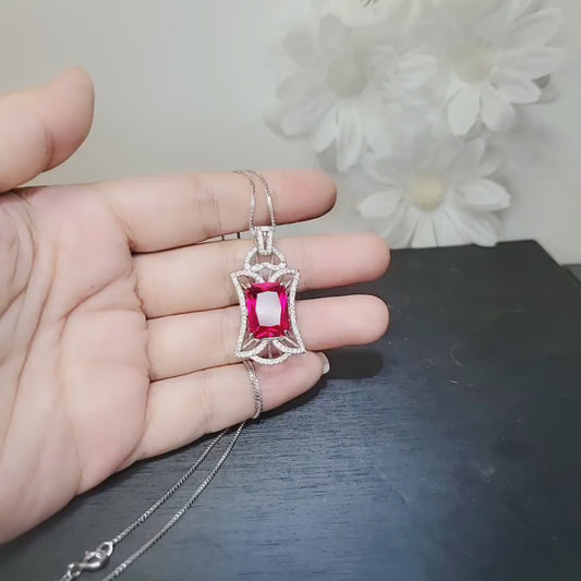 Large Ruby Necklace - Rectangle 10 CT Gemstone Red Ruby Pendant - 18KGP @ Sterling Silver - July Birthstone - Royal Flower Ruby Jewelry