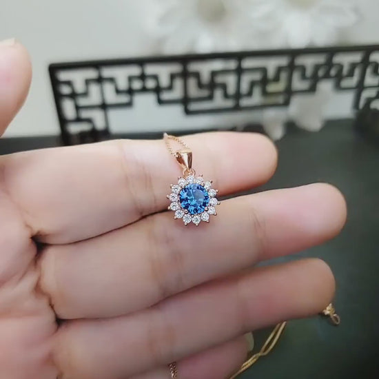 Tiny Rose Gold Blue Sapphire Necklace  - Gemstone Sterling Silver  - Sunflower 6mm 0.85 CT Blue Gemstone September Birthstone 027